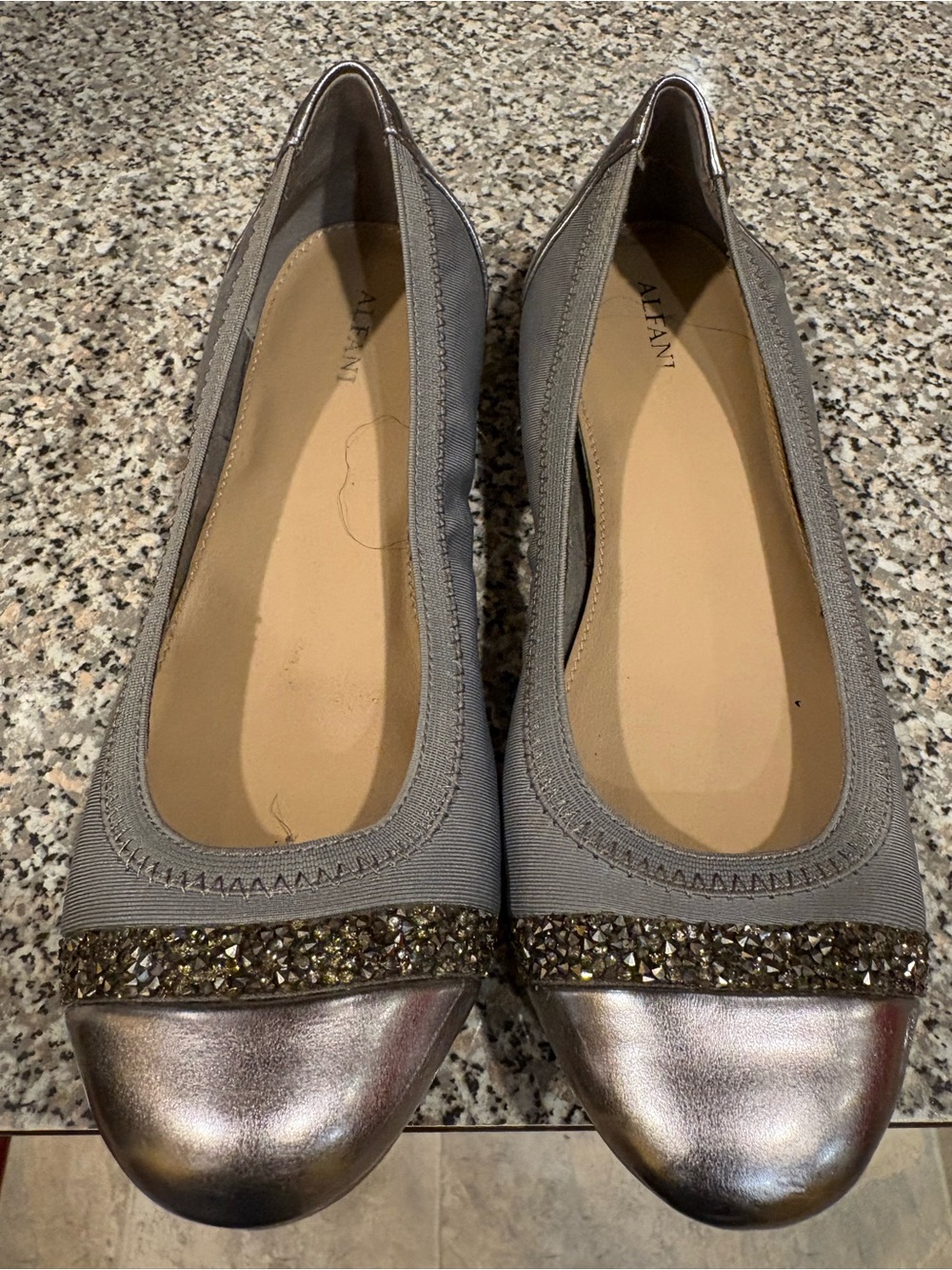 Alfani Metallic Silver-Gray Embellished Cap Toe Flats